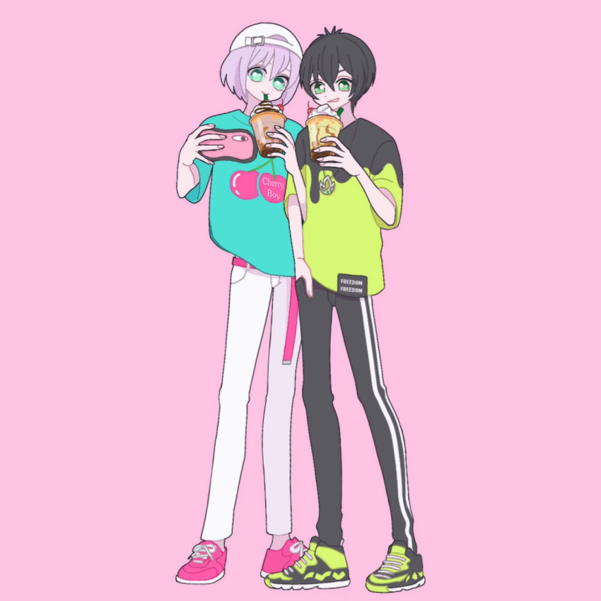 2boys, backwards_hat, baseball_cap, black_hair, black_pants, blue_eyes, blue_shirt, commentary_request