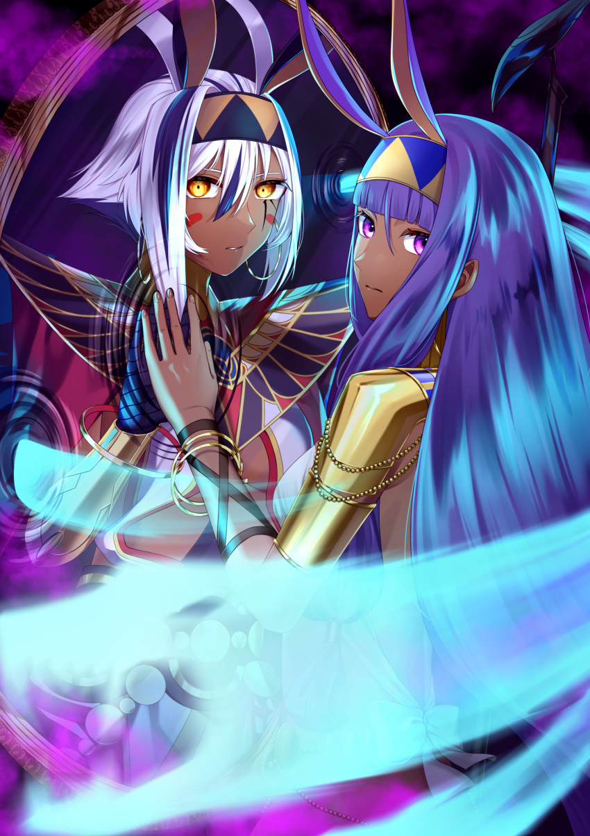 2girls, animal_ears, antenna_hair, black_hair, bracer, breasts, cape, colored_inner_hair
