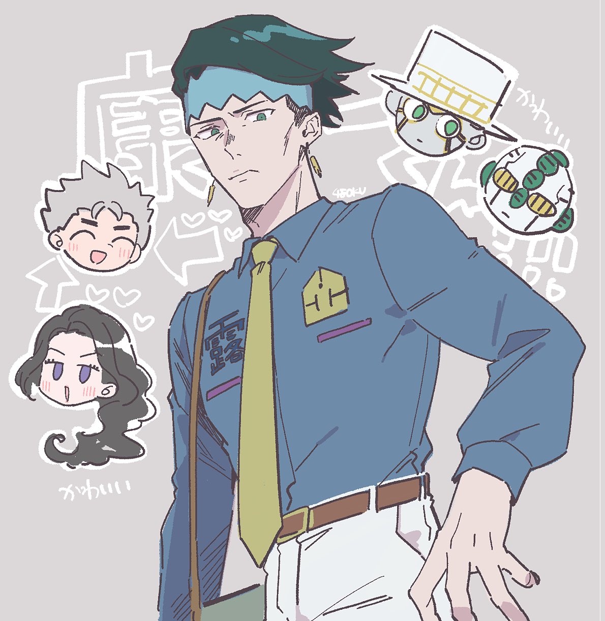 1girl, 2boys, 48okku, arrow_(symbol), artist_name, belt, blue_headband, blue_shirt