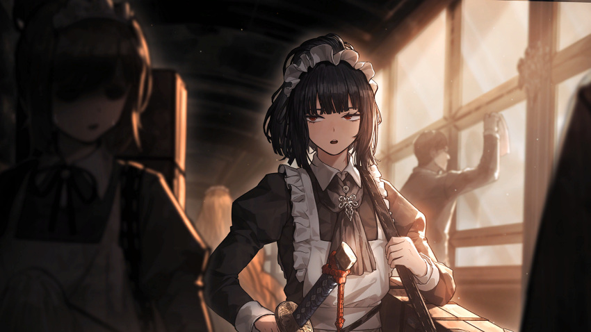 1boy, 1other, 3girls, apron, ascot, black_ascot, black_dress, black_hair