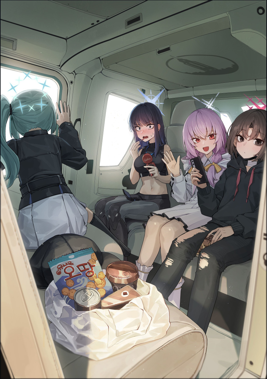 4girls, absurdres, applying_makeup, aqua_hair, arius_squad_(blue_archive), atsuko_(blue_archive), bag, bandaged_neck, bandages, black_hair, black_hoodie, bloom, blue_archive, blush, brown_hair, can, car_interior, cellphone, commentary_request, denim, dot_mouth, drawstring, drink, halo, hat, highres, hiyori_(blue_archive), holding, holding_phone, hood, hoodie, jeans, kokukyukeo, korean_commentary, looking_at_viewer, midriff, misaki_(blue_archive), multiple_girls, open_mouth, pants, phone, pink_hair, plastic_bag, red_eyes, saori_(blue_archive), side_ponytail, sitting, smartphone, smile, snack, sweatdrop, torn_clothes, torn_jeans, torn_pants, unworn_hat, unworn_headwear, v-shaped_eyebrows, waving, wide-eyed