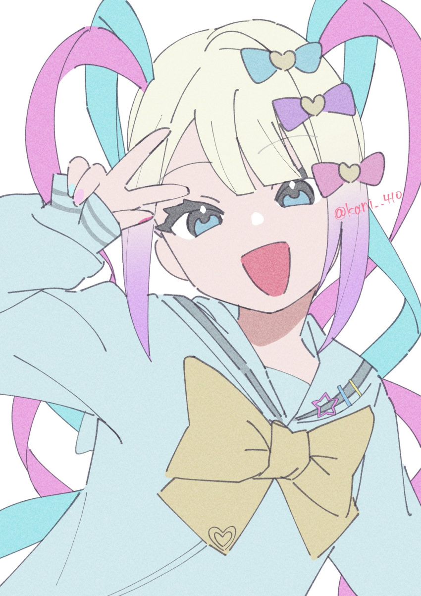 1girl, :d, blonde_hair, blue_bow, blue_eyes, blue_hair, blunt_bangs, bow