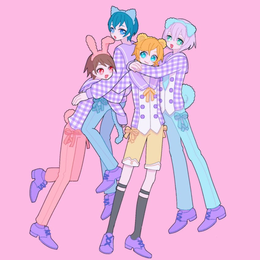 4boys, animal_ear_hairband, animal_ears, black_socks, blue_eyes, blue_hair, blue_pants, brown_hair