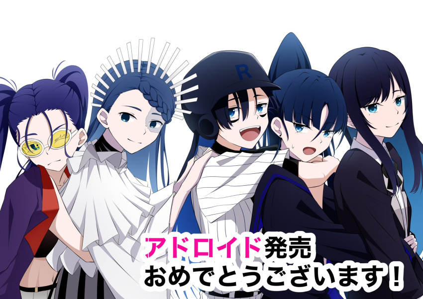 5girls, :d, ado_(utaite), baseball_cap, black_bow, black_bowtie, blue_eyes, blue_hair