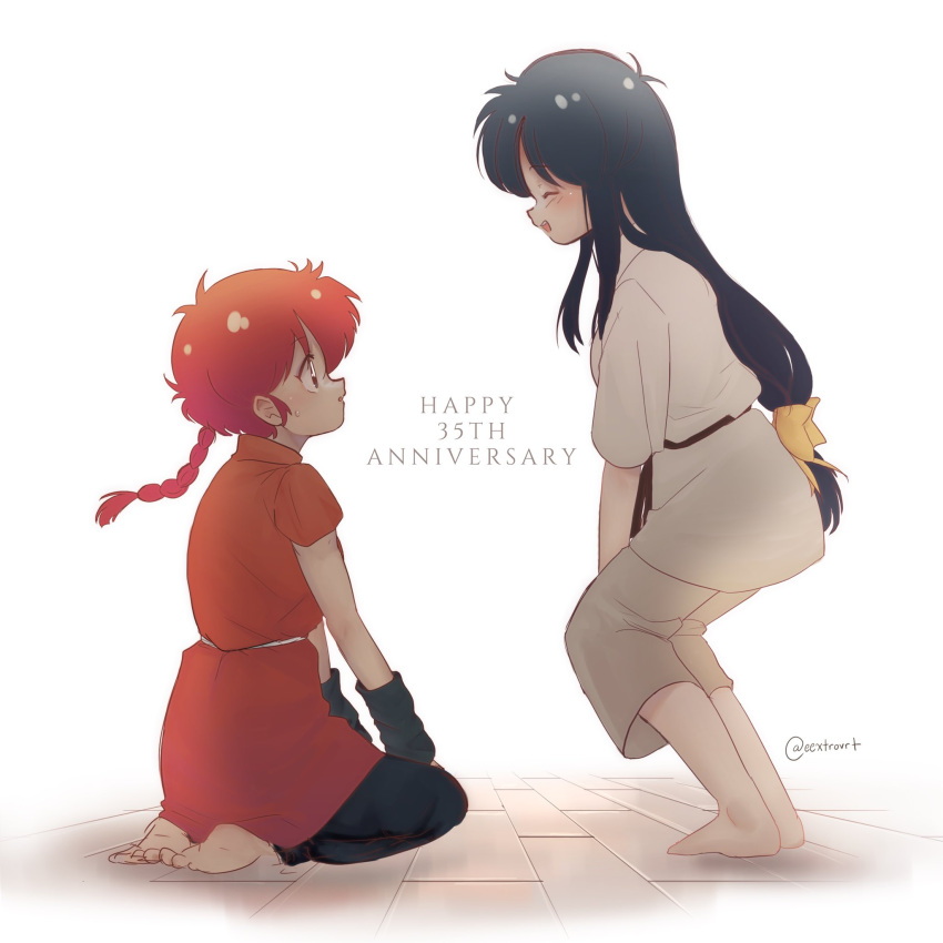 2girls, barefoot, blue_hair, bow, braid, braided_ponytail, closed_eyes, eextrovrt
