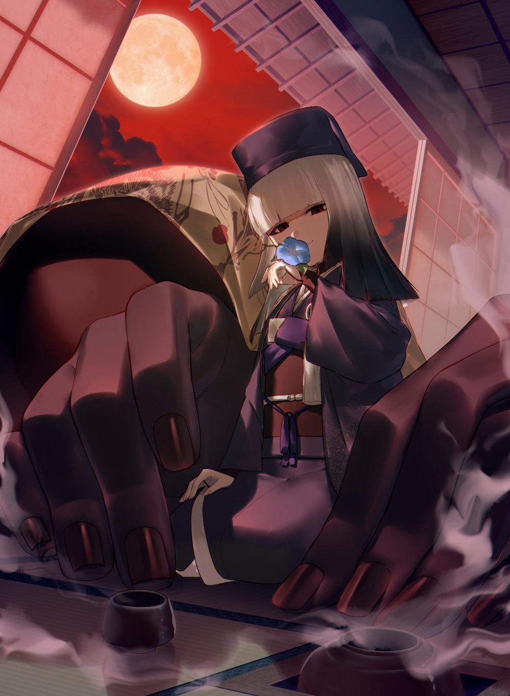 1girl, black_eyes, black_hair, black_hat, black_kimono, blunt_bangs, bowl, breasts