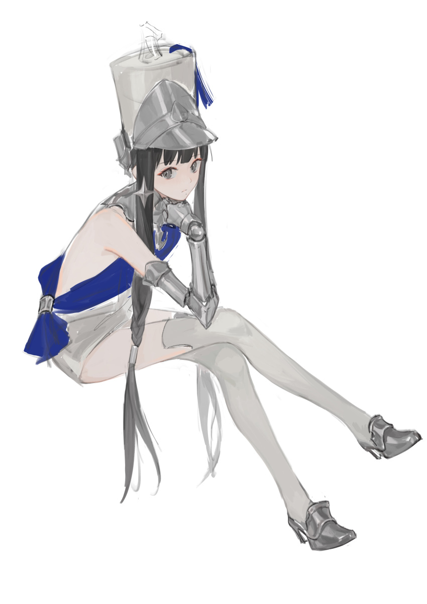 18_kawaki, 1girl, absurdres, bare_arms, black_hair, blue_dress, braided_sidelock, crossed_legs