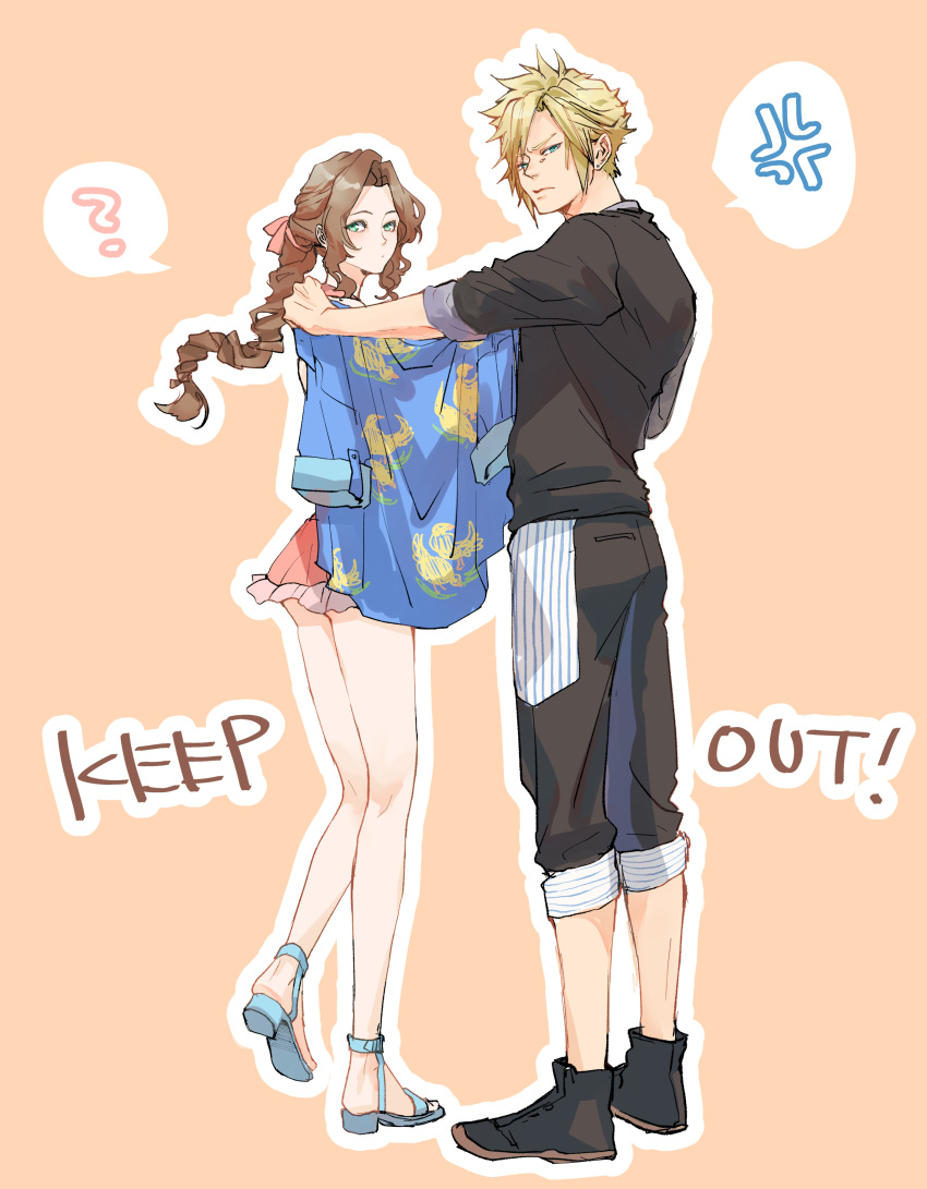 1boy, 1girl, ?, absurdres, aerith_gainsborough, aerith_gainsborough_(pink_mermaid), anger_vein, animal_print