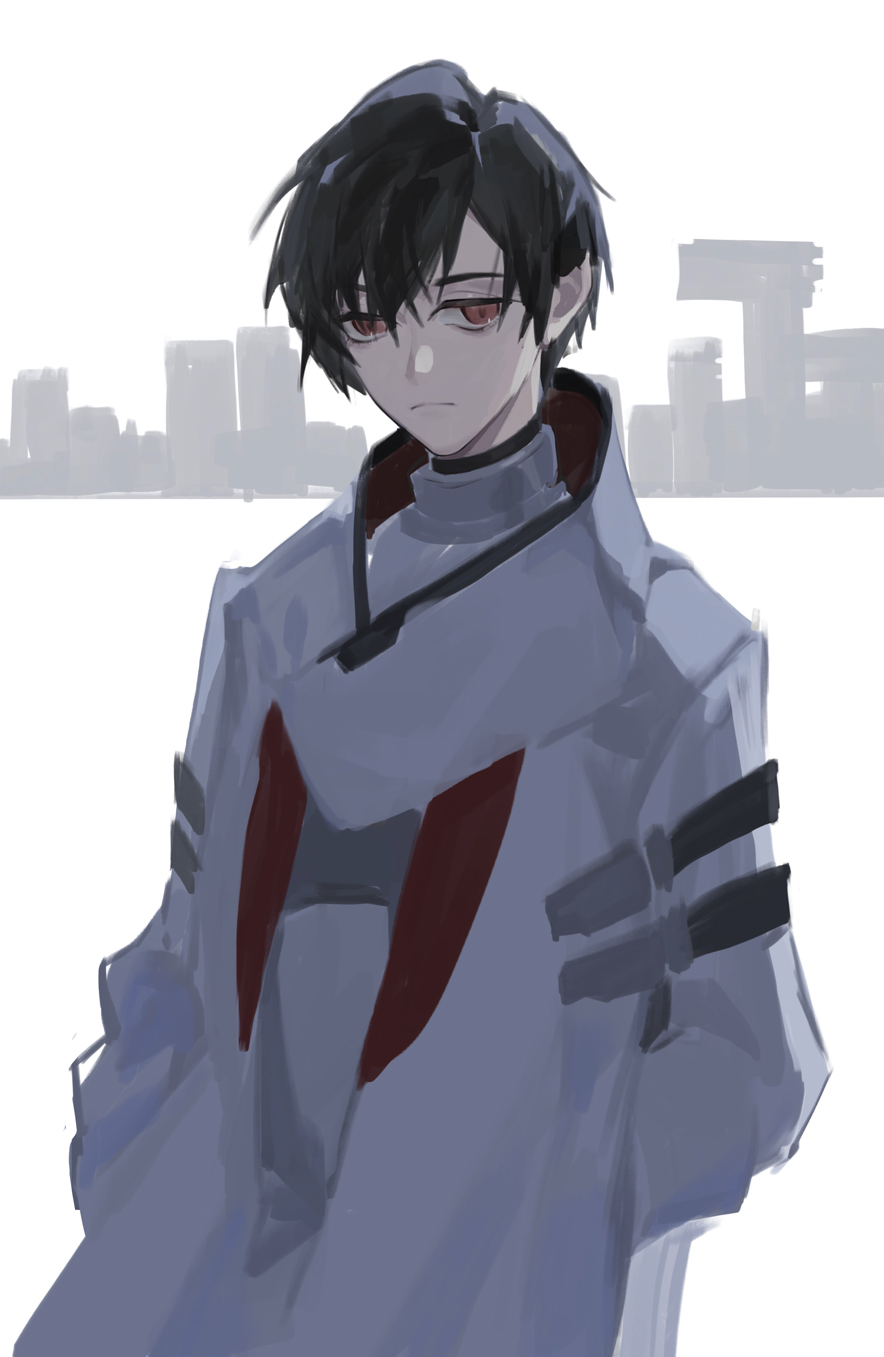 18_kawaki, 1boy, asimov_(punishing:_gray_raven), black_hair, closed_mouth, coat, hair_between_eyes, hands_in_pockets