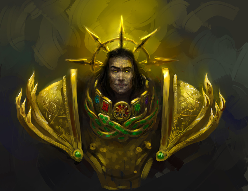 1boy, alternate_hairstyle, alternate_universe, armor, black_hair, black_sclera, chaos_(warhammer), chaos_undivided_(symbol)