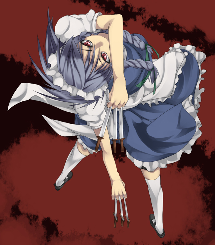 braid, grey_hair, izayoi_sakuya, knife, looking_up, maid, maid_headdress, mary_janes