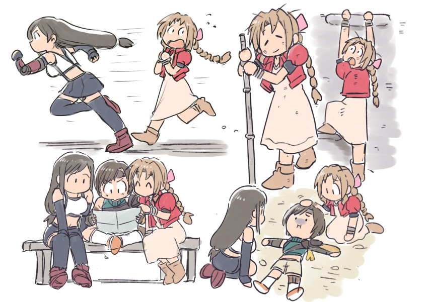 3girls, aerith_gainsborough, armor, asymmetrical_legwear, bangle, bare_shoulders, bench, between_legs