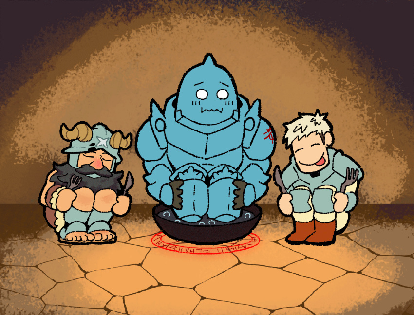 1girl, 2boys, air_bubble, alphonse_elric, animated, animated_gif, arm_tattoo, armor