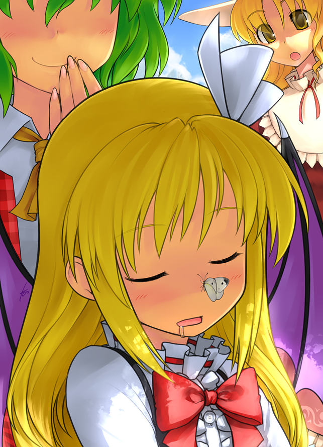 :o, ascot, bat_wings, blonde_hair, blush, bow, butterfly, closed_eyes