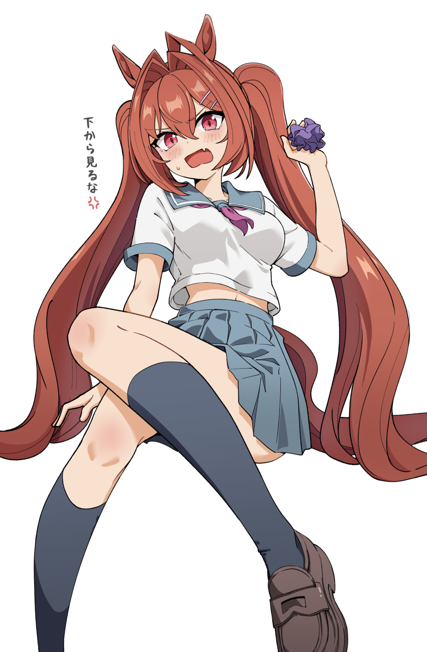 1girl, absurdres, animal_ears, brown_hair, commentary_request, daiwa_scarlet_(umamusume), fang, grey_sailor_collar