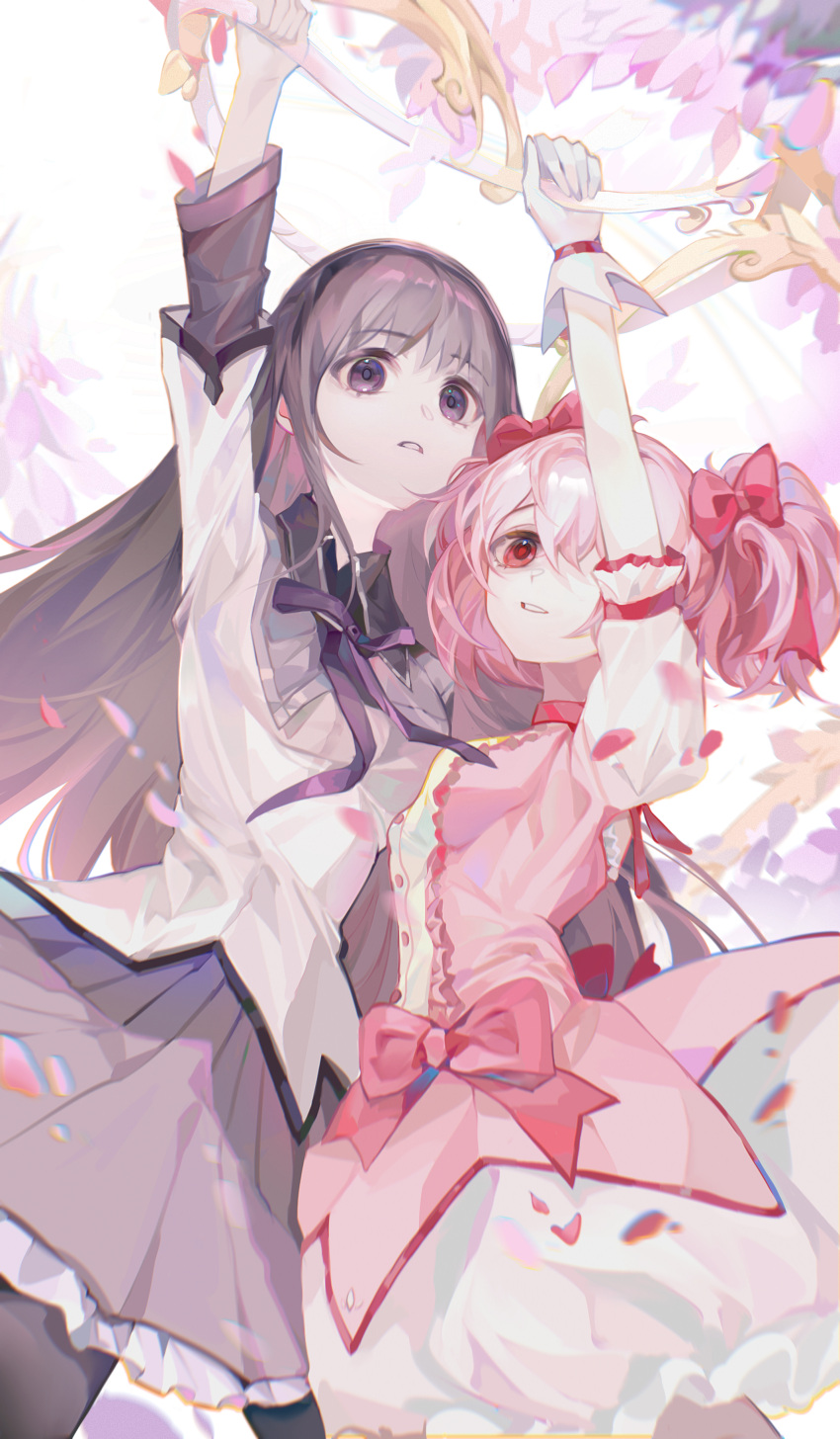2girls, absurdres, akemi_homura, arm_up, black_capelet, black_hairband, black_pantyhose, bow, bow_(weapon), bow_choker, bowtie, bubble_skirt, buttons, capelet, center_frills, chinese_commentary, choker, commentary_request, cowboy_shot, dress, dress_bow, eyelashes, flower, frilled_skirt, frilled_sleeves, frills, gloves, grey_hair, hair_bow, hairband, highres, holding, holding_bow_(weapon), holding_weapon, kaname_madoka, long_hair, long_sleeves, looking_at_viewer, magical_girl, mahou_shoujo_madoka_magica, mahou_shoujo_madoka_magica_(anime), making-of_available, mengyou_zhi_jia_gai, miniskirt, multiple_girls, one_eye_covered, pantyhose, parted_lips, petals, pink_dress, pink_eyes, pink_hair, pleated_skirt, puffy_short_sleeves, puffy_sleeves, purple_bow, purple_bowtie, purple_capelet, purple_flower, purple_skirt, red_bow, red_choker, sharing, short_dress, short_hair, short_sleeves, short_twintails, skirt, smile, teeth, twintails, two-tone_capelet, very_long_hair, weapon, white_background, white_dress, white_gloves, white_skirt, white_sleeves