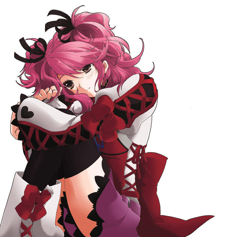 black_legwear, black_thighhighs, brown_eyes, cheria_barnes, long_sleeves, pink_hair, ribbon, sasaki_yuki
