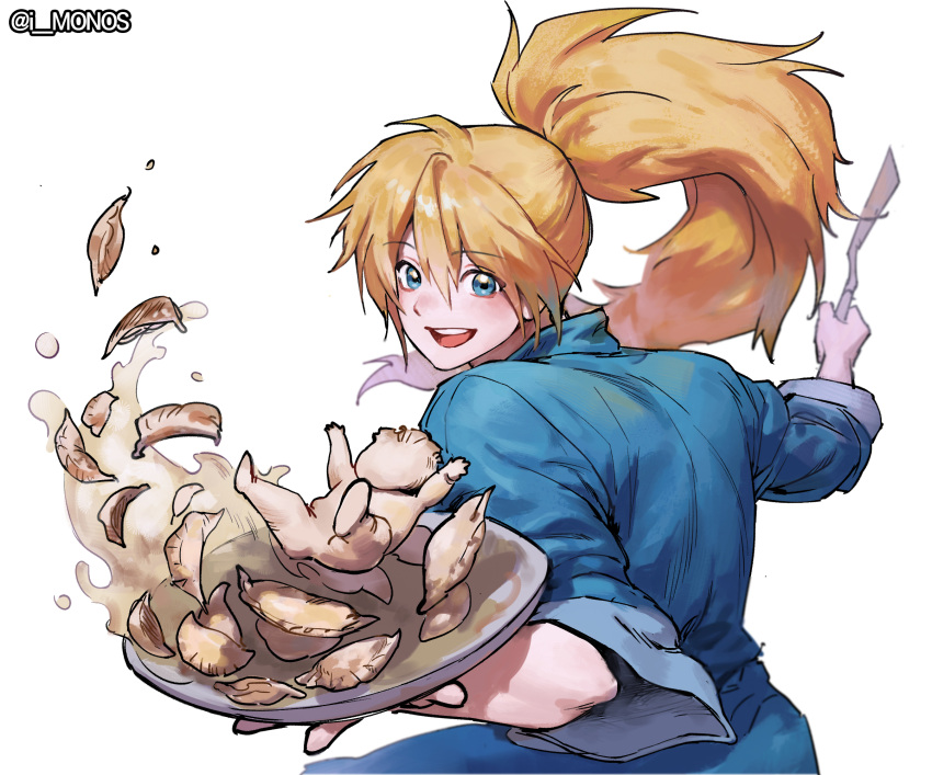 1girl, blue_eyes, blue_shirt, cooking, dorohedoro, dumpling, food, hair_between_eyes