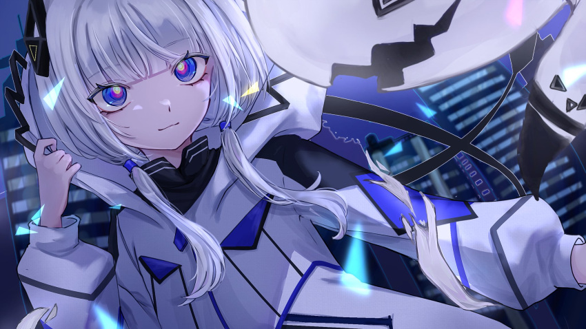 1girl, arm_at_side, blue_eyes, blurry, blurry_background, building, cevio, city, closed_mouth, coema_(coema_studio), creature, diamond_hair_ornament, dutch_angle, hair_over_shoulder, hand_up, highres, hood, hood_grab, hood_up, hypnos_(cevio), kafu_(cevio), kamitsubaki_studio, light_smile, long_hair, long_sleeves, looking_at_viewer, low_twintails, multicolored_eyes, night, outdoors, red_eyes, solo, twintails, upper_body, upturned_eyes, white_hair, yellow_pupils