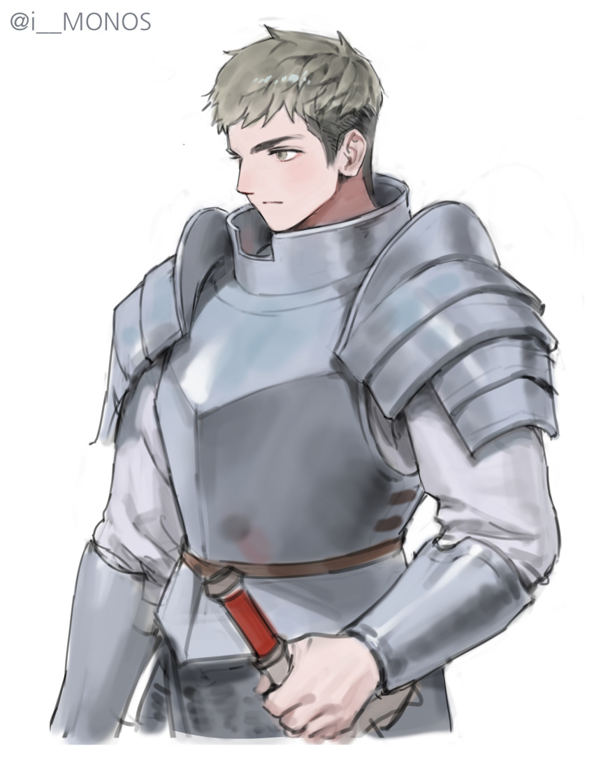 1boy, absurdres, armor, breastplate, brown_eyes, closed_mouth, dungeon_meshi, grey_hair