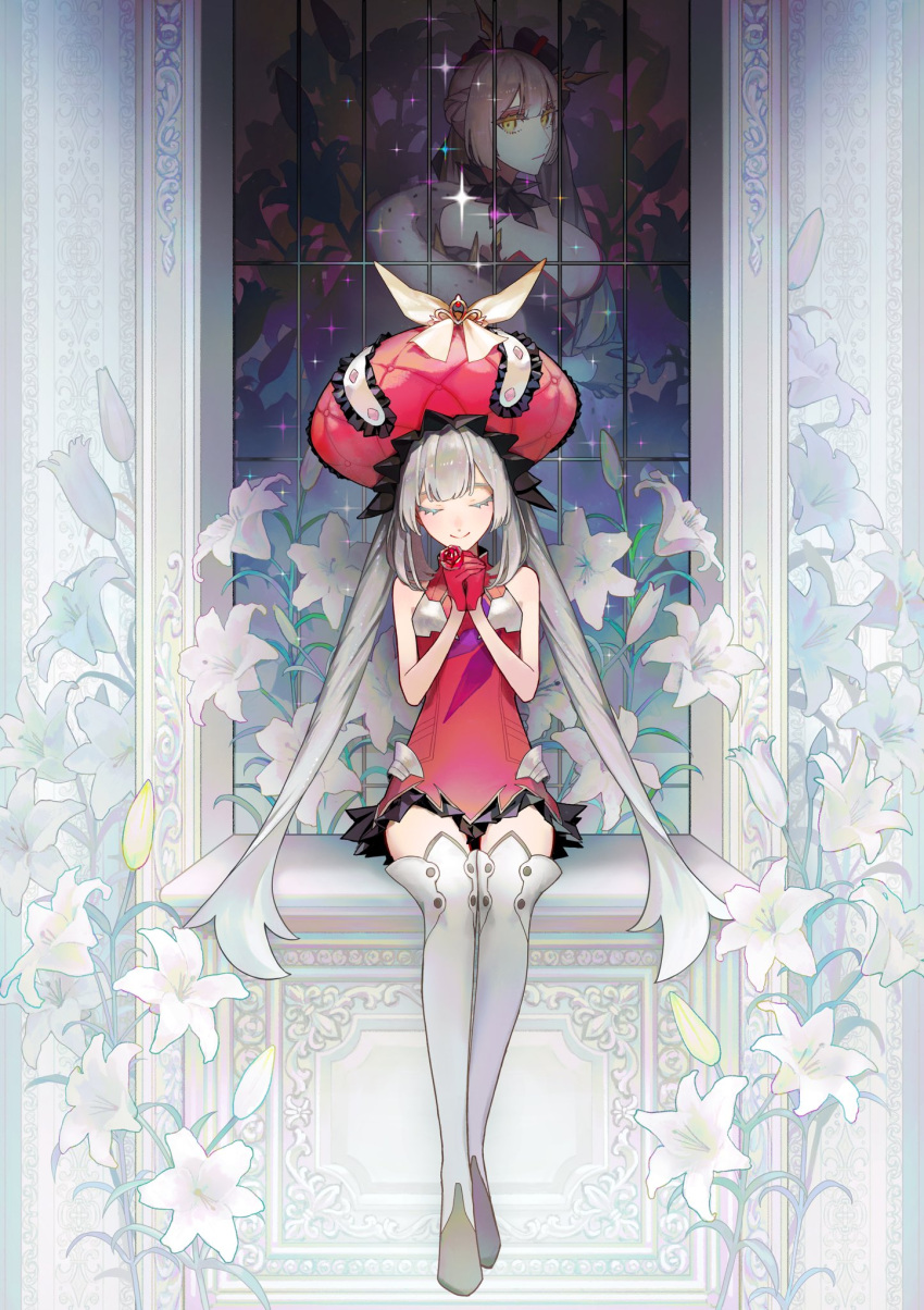 boots, closed_eyes, dress, fate/grand_order, fate_(series), flower, frilled_hat, frills