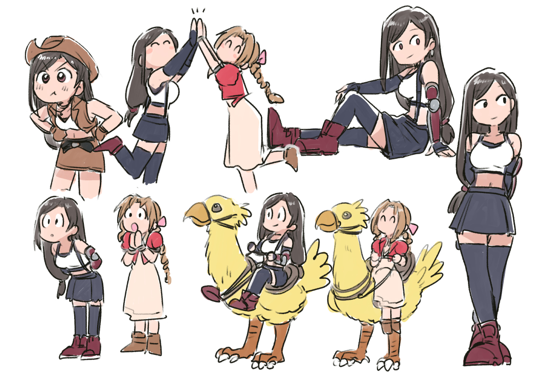2girls, arms_behind_back, bangle, bare_shoulders, bird, black_bra, black_hair, black_thighhighs