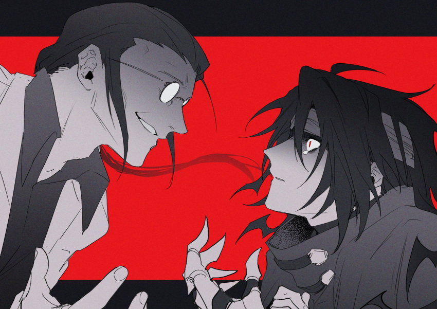 2boys, black_border, black_hair, black_shirt, border, clawed_gauntlets, cloak, collared_shirt
