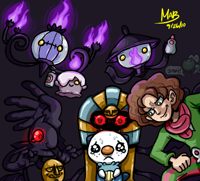 1boy, arty_(pokemon), bad_id, brown_hair, chandelure, cofagrigus, fire, green_eyes