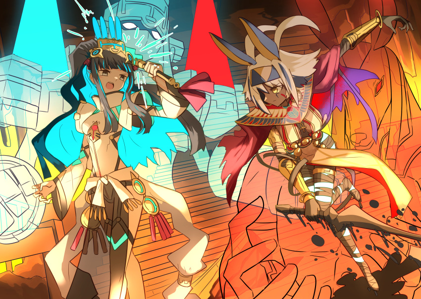 2girls, absurdres, aztec, black_hair, blue_hair, colored_inner_hair, egyptian, facing_another