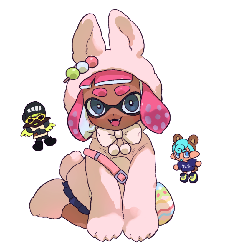1girl, 2boys, :p, aki_(gsl_9708), animal_costume, bow, bowtie, commentary_request
