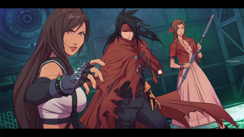 1boy, 2girls, aerith_gainsborough, alteredbits, artist_name, bangle, bare_shoulders, belt