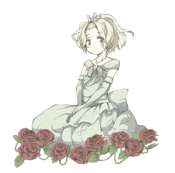 blush, crown, dress, elbow_gloves, flower, forehead, gloves, green_eyes