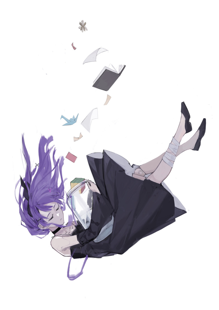 18_kawaki, 1boy, absurdres, bandaged_leg, bandages, black_choker, black_dress, black_hairband, black_sleeves, book, choker, detached_sleeves, doll_joints, dress, falling, hairband, highres, joints, lithos_(punishing:_gray_raven), long_hair, long_sleeves, mechanical_legs, origami, otoko_no_ko, paper_crane, punishing:_gray_raven, purple_hair, rubik's_cube, solo, white_background