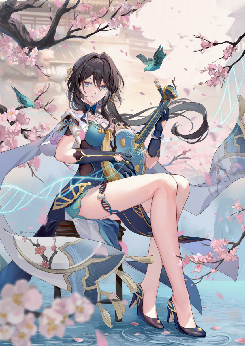 1girl, absurdres, architecture, bead_necklace, beads, bird, black_hair, blue_eyes
