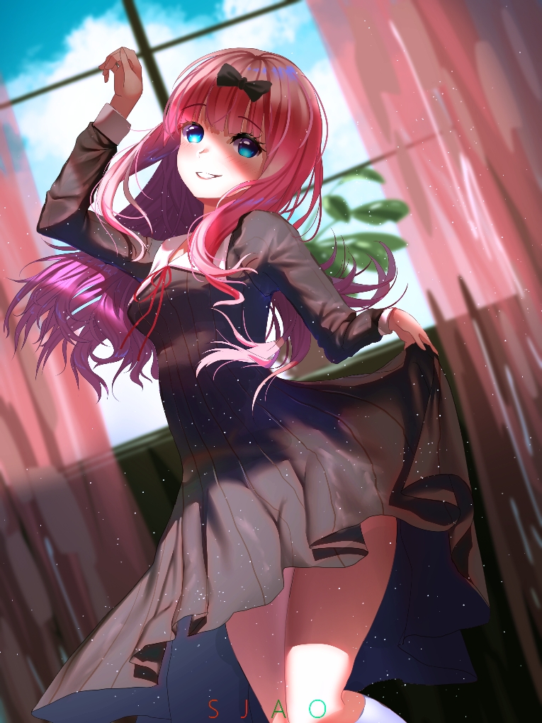 1girl, arm_at_side, arm_up, artist_name, black_bow, black_dress, blue_eyes, blunt_bangs