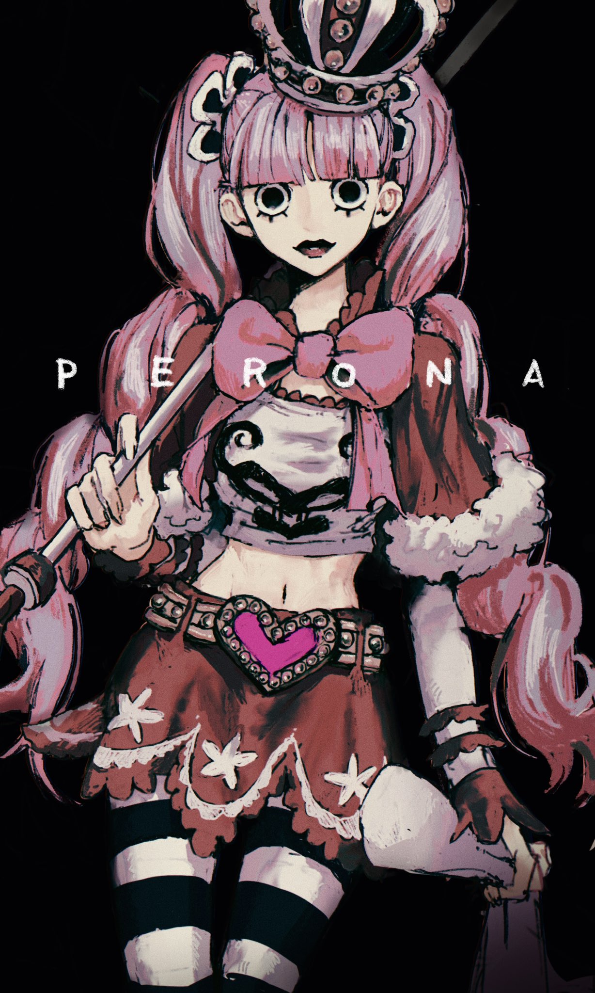 1girl, belt, black_background, black_pantyhose, blunt_bangs, bow, bowtie, capelet, character_name, cowboy_shot, crop_top, crown, eyelashes, heart_belt, highres, holding, holding_umbrella, looking_at_viewer, one_piece, pantyhose, perona, pink_bow, pink_bowtie, pink_hair, runa_3152, skirt, solo, striped_clothes, striped_pantyhose, thigh-highs, twintails, umbrella, white_pantyhose