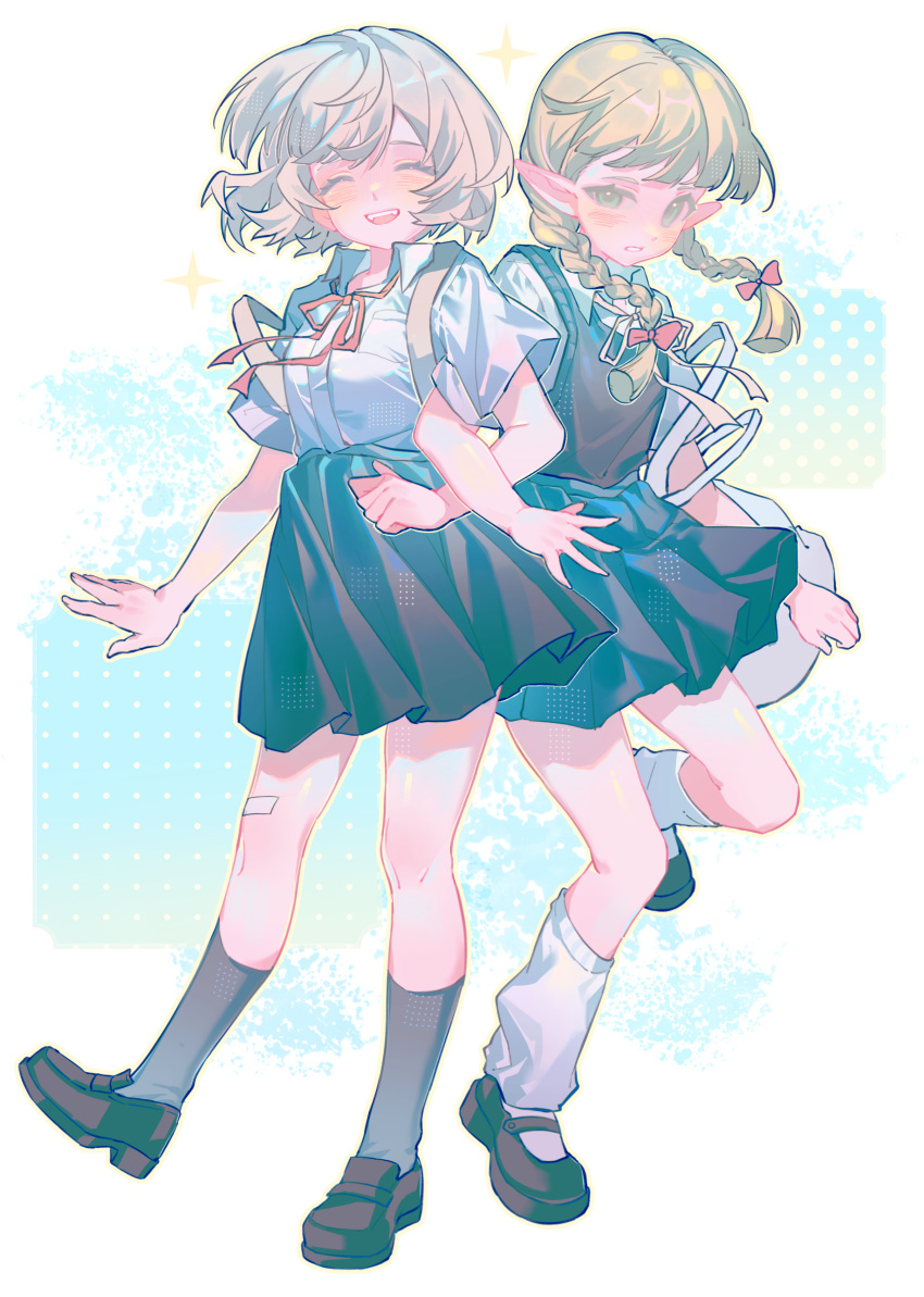 2girls, ^_^, absurdres, aged_down, alternate_costume, backpack, bag, bandaid