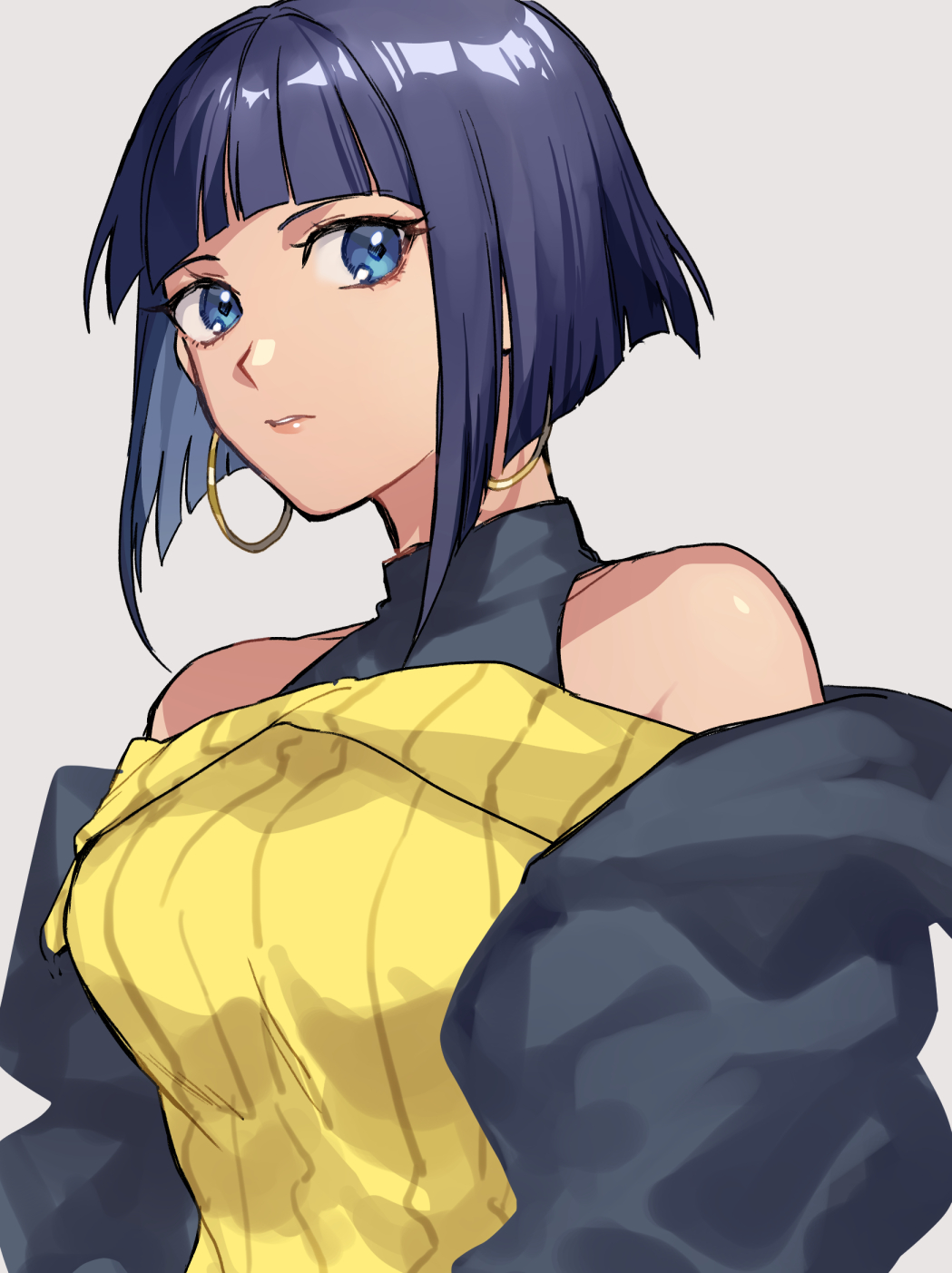 1girl, black_hair, blue_eyes, blunt_bangs, earrings, grey_background, highres, jewelry, latla_mirah, looking_at_viewer, medium_hair, parted_lips, ribbed_sweater, sketch, solo, soso_(sosoming), straight_hair, sweater, undead_unluck, upper_body, yellow_sweater
