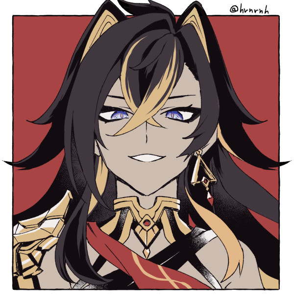 1girl, black_hair, blonde_hair, blue_eyes, border, criss-cross_halter, dehya_(genshin_impact), earrings, genshin_impact, grin, hair_between_eyes, hair_intakes, halterneck, haruna_(hrnrnh), jewelry, long_hair, looking_at_viewer, multicolored_hair, portrait, red_background, slit_pupils, smile, solo, twitter_username, two-tone_hair, white_border