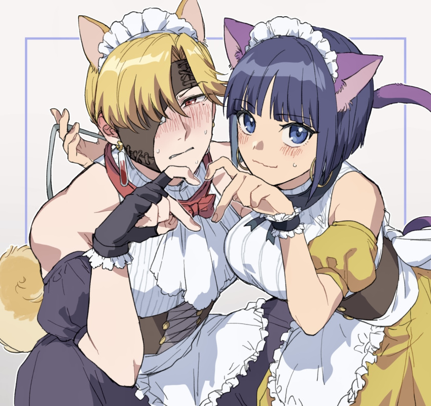 1boy, 1girl, alternate_costume, animal_ears, apron, black_gloves, black_ribbon, blue_eyes, blunt_bangs, bow, bowtie, cat_ears, cat_girl, cat_tail, clenched_teeth, closed_mouth, collar, couple, crossdressing, detached_sleeves, dog_boy, dog_ears, dog_tail, earrings, embarrassed, enmaided, fingerless_gloves, gem, gloves, grey_skirt, grey_sleeves, heart, heart_hands, heart_hands_duo, hetero, highres, jewelry, latla_mirah, looking_at_viewer, maid, maid_headdress, mask, neck_ribbon, red_bow, red_bowtie, red_collar, red_eyes, red_gemstone, ribbon, rip_(undead_unluck), short_hair, short_sleeves, skirt, soso_(sosoming), sweatdrop, tail, teeth, undead_unluck, underbust, waist_apron, white_apron, wrist_cuffs, yellow_skirt, yellow_sleeves