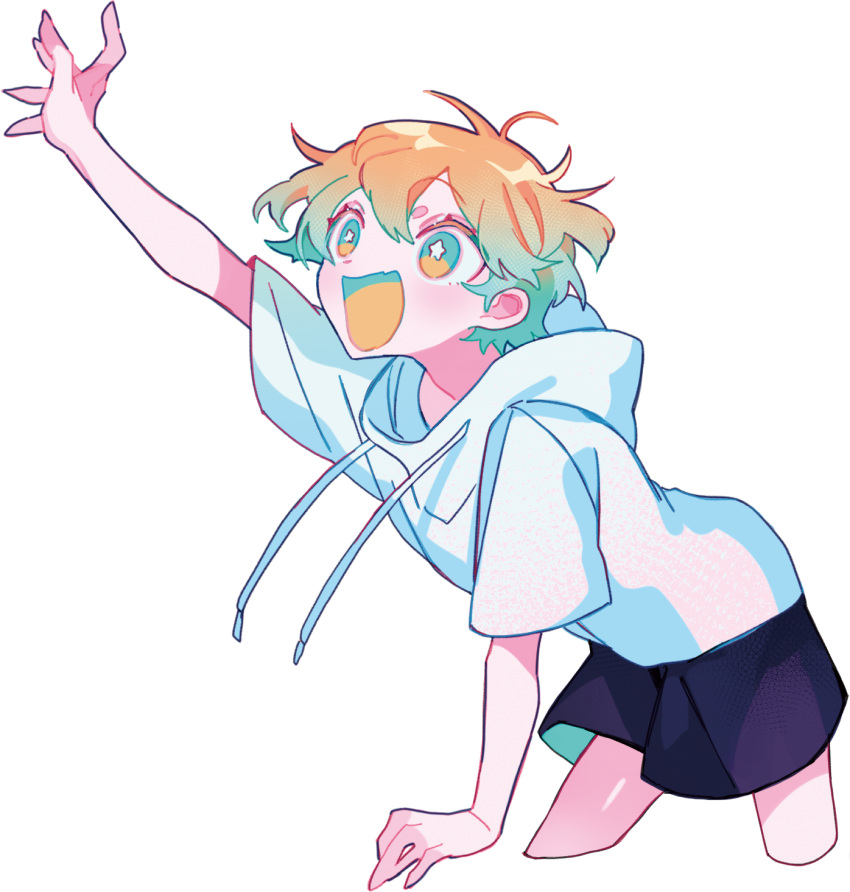 1boy, antenna_hair, arm_up, black_shorts, blonde_hair, borrowed_character, bright_pupils, eta_(guchiry)