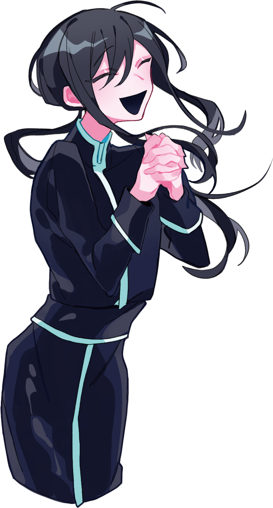 1boy, ahoge, black_hair, borrowed_character, cassock, closed_eyes, commentary_request, hair_between_eyes