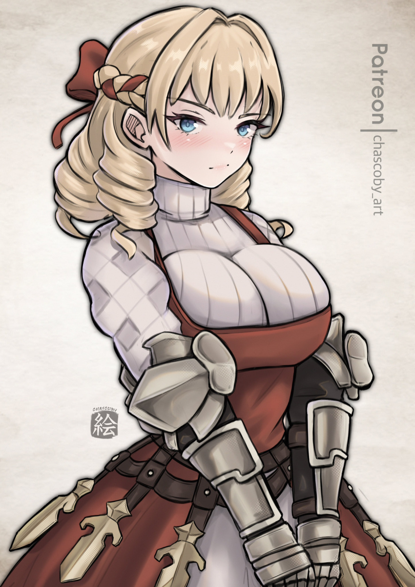 1girl, absurdres, artist_name, blonde_hair, blue_eyes, braid, breasts, chascoby, drill_hair, hair_intakes, hair_ribbon, highres, large_breasts, looking_at_viewer, medium_breasts, ribbon, scarlett_(unicorn_overlord), solo, unicorn_overlord, upper_body, vambraces, white_background