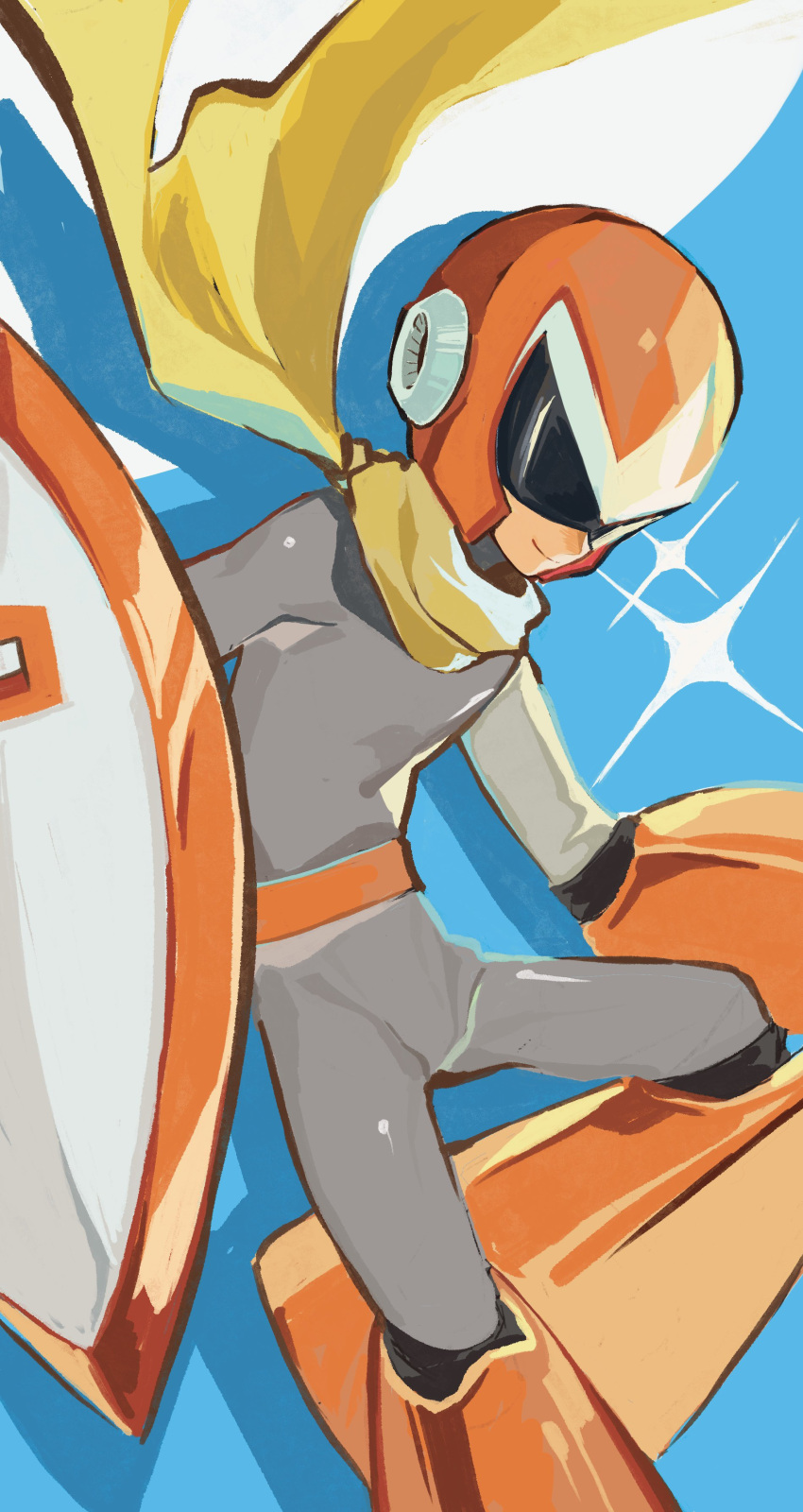 1boy, absurdres, arm_cannon, assault_visor, blue_background, bodysuit, boots, grey_bodysuit