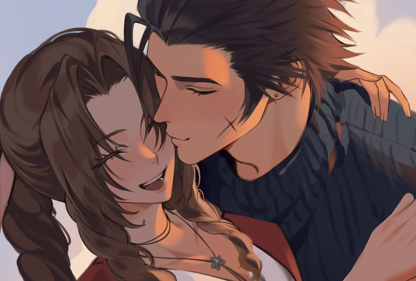 1boy, 1girl, aerith_gainsborough, black_hair, blue_sky, braid, braided_ponytail, brown_hair