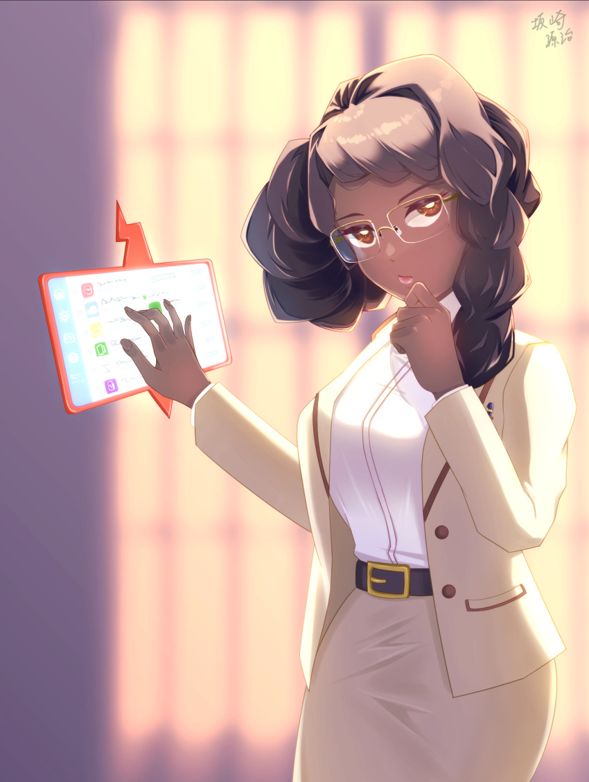 1girl, belt, black_belt, blurry, blurry_background, braid, bright_pupils, brown_eyes, brown_hair, buttons, chalce_(pokemon), closed_mouth, dark_skin, glasses, hands_up, highres, jacket, long_hair, long_sleeves, open_clothes, open_jacket, pokemon, pokemon_(anime), pokemon_horizons, sakazaki_genji, shirt, skirt, solo, tablet_pc, white_pupils, white_shirt