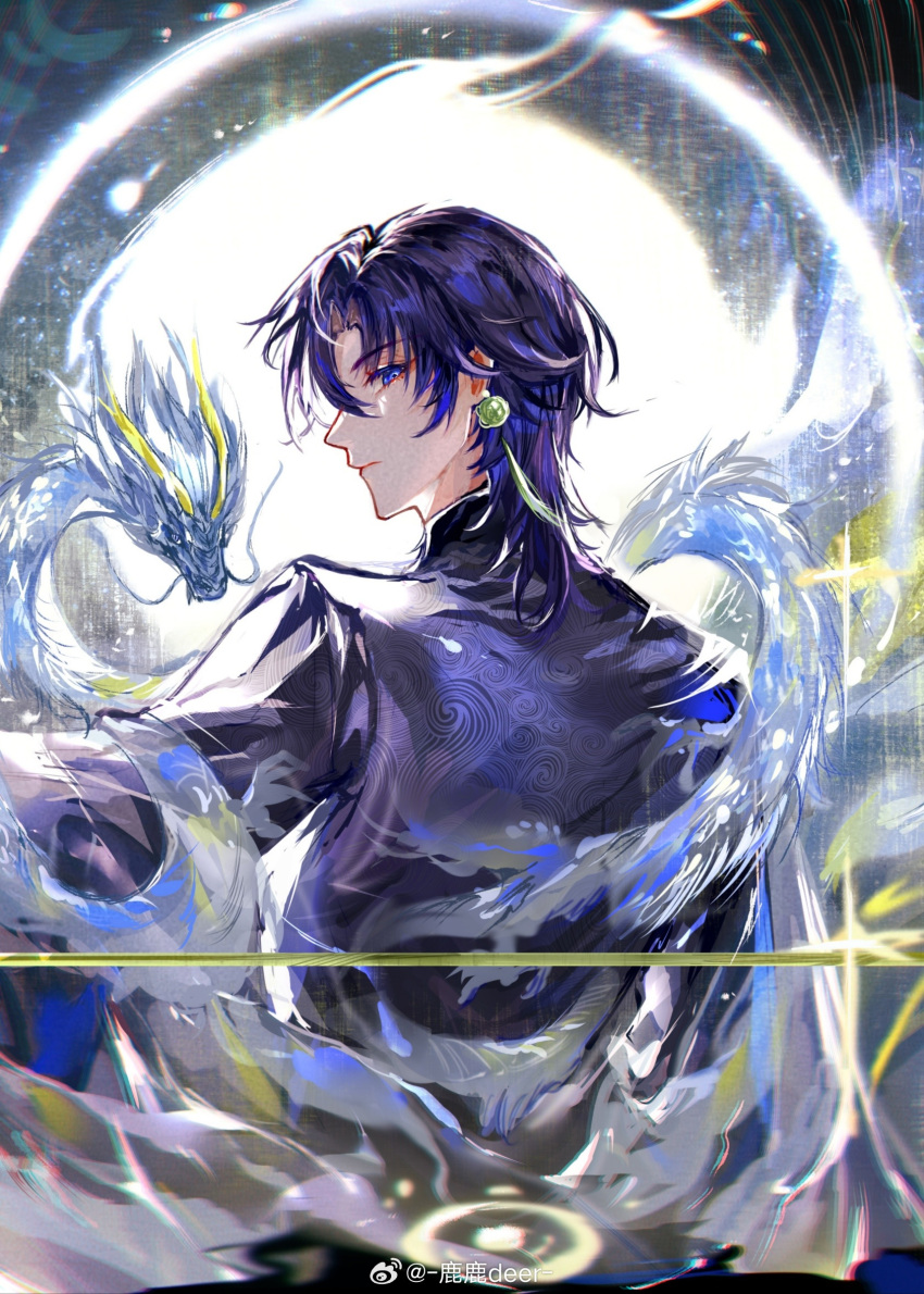 1boy, balance_scale, black_robe, blue_eyes, blue_hair, chinese_clothes, clarence_clayden, closed_mouth