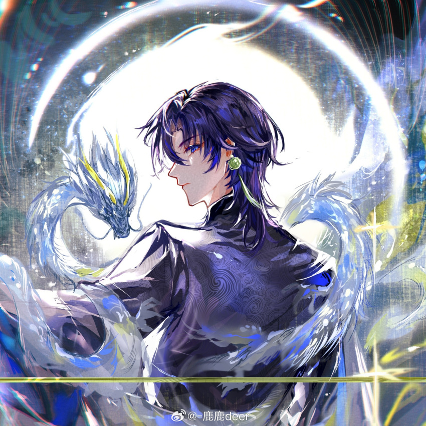 1boy, balance_scale, black_robe, blue_eyes, blue_hair, chinese_clothes, clarence_clayden, closed_mouth