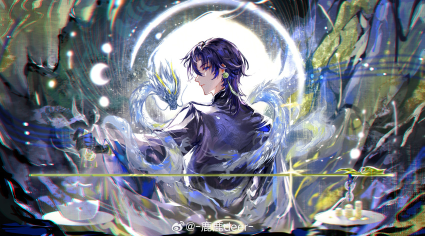 1boy, absurdres, balance_scale, black_gloves, black_robe, blue_eyes, blue_hair, chinese_clothes