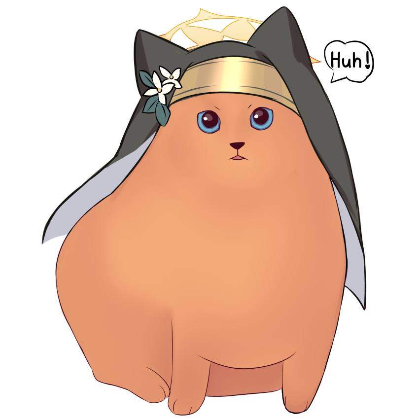 absurdres, animal_ear_headwear, blue_archive, blue_eyes, cat, commentary, english_text, flower, halo, highres, huh?_cat_(meme), mari_(blue_archive), meme, no_humans, open_mouth, rinringyo, speech_bubble, transparent_background, white_flower, yellow_halo